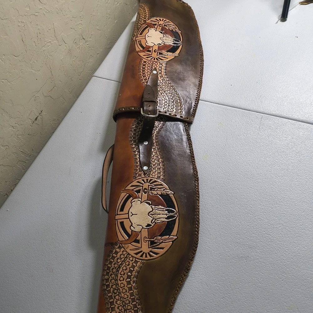 Vintage Hand Tooled Long Horn Skull Leather Rifle/ Shotgun Scabbard / Gun Case